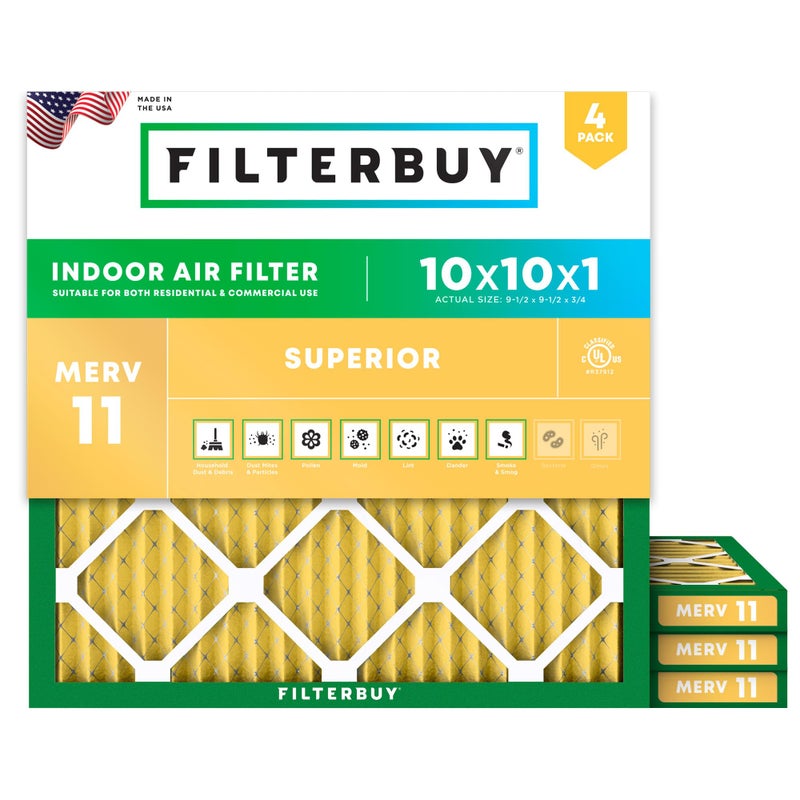 Filterbuy 10x10x1 Air Filter MERV 11 Superior Pet & Allergy Defense (4-Pack), Electrostatic Pleated HVAC AC Furnace Filters Replacement, Made in USA (Actual Size: 9.50 x 9.50 x 0.75) - Image 1